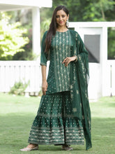 Green Mono Viscose Festive Wear Printed Straight Kurta Sharara Dupatta Set